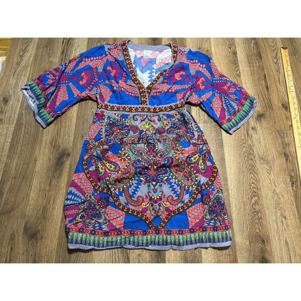 Charming Charlie Dress Womens Size L Blue Geometric Paisley Tunic Bell Sleeve